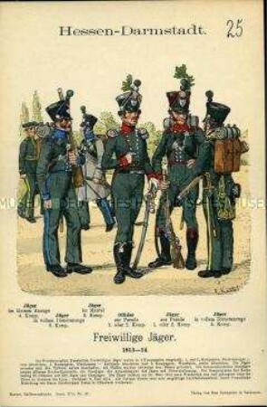 Uniformdarstellung, Gemeine und Offizier der Freiwilligen Jäger, Großherzogtum Hessen-Darmstadt, 1813/1814.