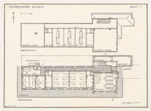 Skihütte Monatskonkurrenz November 1930: Grundriss Erdgeschoss, Obergeschoss 1:100