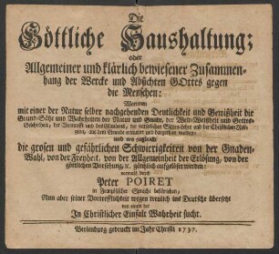 Buch 1, Theil 1: Die Haushaltung der Schöpfung des Menschen : Worinnen Erstlich deutlich dargethan und erwiesen wird, daß ein Gott sey, und von was vor Natur und Art er sey ...