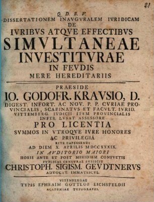 Diss. inaug. ... de iuribus atque effectibus simultaneae investiturae in feudis mere hereditariis