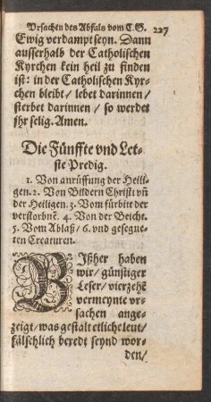 Die Fünffte und Letste Predig.