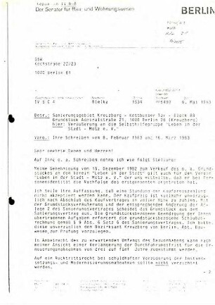 Unterlagen: Hauskauf des Selbsthilfeprojekts Admiralstraße 21, 22, 1982 bis 1983