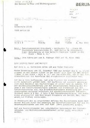 Unterlagen: Hauskauf des               Selbsthilfeprojekts Admiralstraße 21, 22, 1982 bis 1983