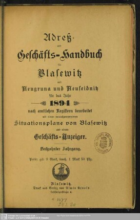 16.1894: Adreß- und Geschäfts-Handbuch für Blasewitz mit Neugruna und Neuseidnitz