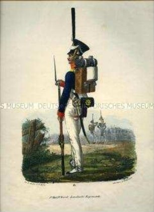 Uniformdarstellung, Infanterist des 1. Bataillons, 3. Garde-(Landwehr-)Regiment, Preußen 1830. Aus: Elzholz u.a.: Das Preussische Heer. Tafel 13.