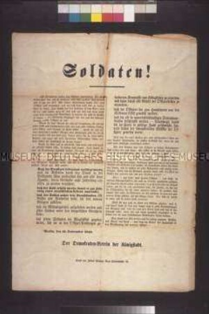 Maueranschlag: Soldaten! Forderungen des Demokraten-Vereins der Königstadt zur Militärreform; Berlin, 11. September 1848