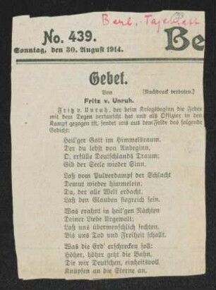 Gebet [Gedicht von Fritz von Unruh, erschienen im Berliner Tageblatt, 30.08.1914, Nr. 439 ]