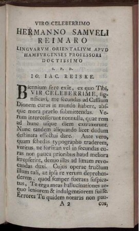 Viro Celeberrimo Hermanno Samveli Reimaro Lingvarvm Orientalivm Apvd Hamburgenses Professori Doctissimo S. P. D. Io. Iac. Reiske