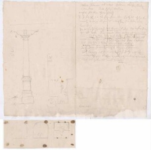 Grundrisse und Notizen zu Gebäuden und Ställen (Folio, Folio Doppelblatt), auf dem Doppelblatt befindet sich auch die Bleistiftskizze einer Säule; Oktavblatt mit Fensterskizzen beiliegend