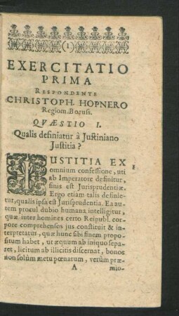 Exercitatio Prima. Respondente Christoph. Hopnero