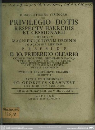 Dissertationem Iuridicam De Privilegio Dotis Respectu Haeredis Et Cessionarii ...