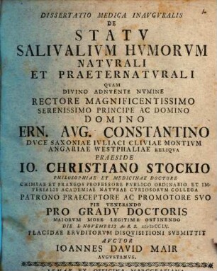 Diss. med. inaug. de statu salivalium humorum naturali et praeternaturali