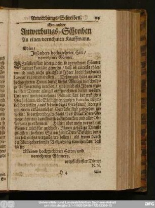 Ein ander Anwerbungs-Schreiben An einen vornehmen Kauffmann.