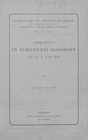 Ammonius in Porphyrii Isagogen sive V voces