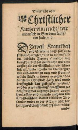 Christlicher Kurtzer unterricht/ wie man sich Sterbens leufften halten sol.