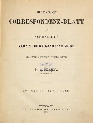 Medicinisches Correspondenzblatt des Württembergischen Ärztlichen Landesvereins. 62. 1892