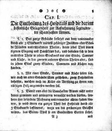 CAP.I. Die Eintheilung des Hospitals und die darinn befindliche Gelegenheit zur Aufnehmung sogenannter schamhaften Armen.
