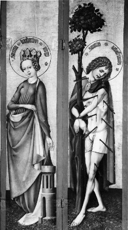 Marienaltar : Marienaltar. Holz, geschnitzt, gefasst (polychrom) (1401/1500). Flügel mit Heiliger Barbara und Heilgem Sebastian. Darsberg (Neckarsteinach), Evangelische Kirche (Ehemals Sankt Sebastian), Chor