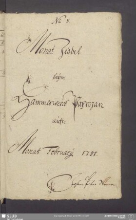 Monat Zeddel beÿm Hammerwerck Paprozan aufn Monat Februarij 1751