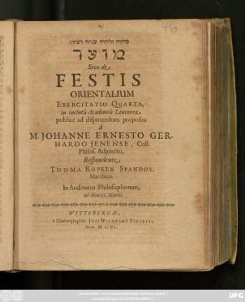4: [...] sive de Festis Orientalium, Ebraeorum cumprimis, Exercitatio ...