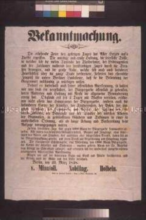 Maueranschlag: Bekanntmachung des provisorischen Bürgerwehr-Kommandos über den erfolgreichen Einsatz der Bürgerwehr bei den Bestattungsfeierlichkeiten für die Märzgefallenen; Berlin, 23. März 1848