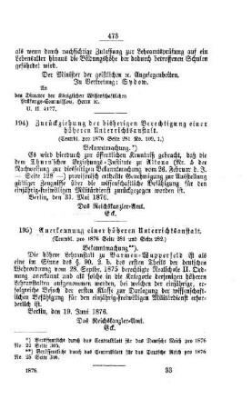 Zurückziehung der bisherigen Berechtigung einer höheren Unterrichtsanstalt : [III. Gymnasial- und Real-Lehranstalten]