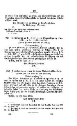 Zurückziehung der bisherigen Berechtigung einer höheren Unterrichtsanstalt : [III. Gymnasial- und Real-Lehranstalten]