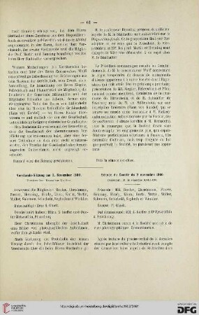 Vorstands-Sitzung am 2. November 1900 / Séance du Comité du 2 novembre 1900
