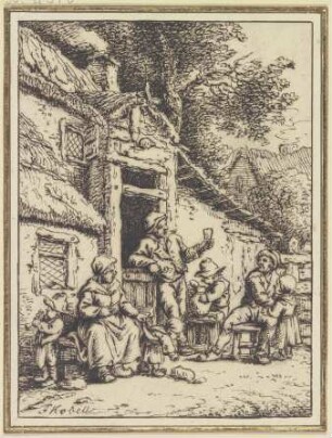Bauernpaar mit fünf Angehörigen vor einem Haus