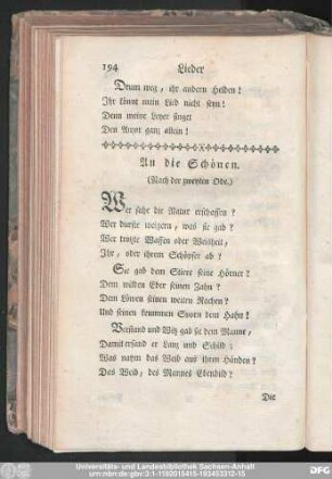 An die Schönen. (Nach der zweyten Ode.)