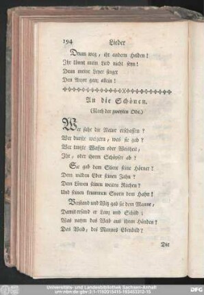 An die Schönen. (Nach der zweyten Ode.)