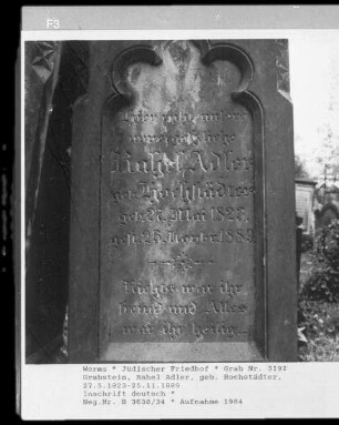 Grabstein der Rahel Adler (gestorben 1889.11.25) (geborene Hochstädter)