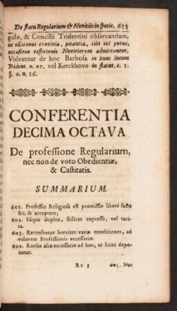 Conferentia Decima Octava De professione Regularium, nec non de voto Obedientiae, & Castitatis