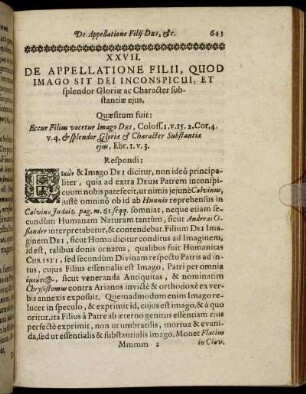 XXVII. De Appellatione Filii, Quod Imago Sit Dei Inconspicui, Et splendor Gloriæ ac Character substantiæ ejus.