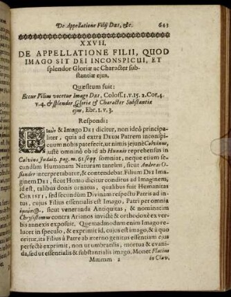 XXVII. De Appellatione Filii, Quod Imago Sit Dei Inconspicui, Et splendor Gloriæ ac Character substantiæ ejus.