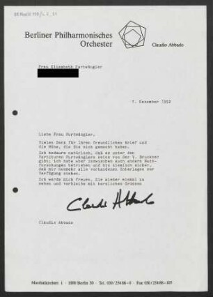 Brief an Elisabeth Furtwängler, 07.12.1992