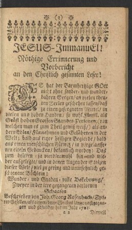 Jesus-ImmanuEl! Nöthige Errinnerung und Vorbericht an den Christliche gesinnten Leser!