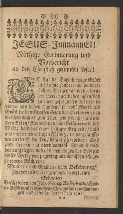 Jesus-ImmanuEl! Nöthige Errinnerung und Vorbericht an den Christliche gesinnten Leser!