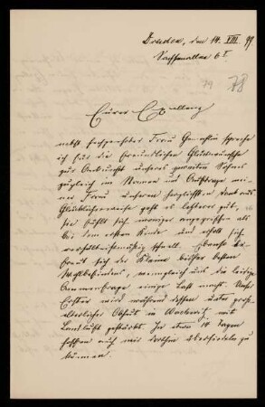 79: Brief von Friedrich Ritgen an Gottlieb Planck, Dresden, 14.8.1899