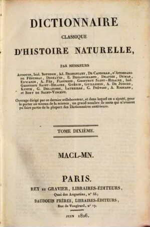 Dictionnaire classique d'histoire naturelle, 10. Macl - Mn