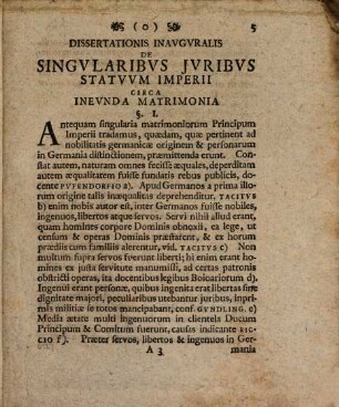 Diss. ... de singularibus iuribus circa ineunda matrimonia principum et statuum Imperii