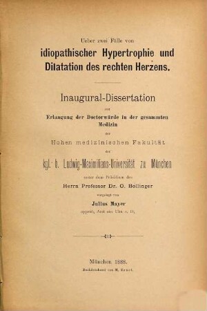 Ueber zwei Fälle von idiopathischer Hypertrophie und Dilatation des rechten Herzens ...
