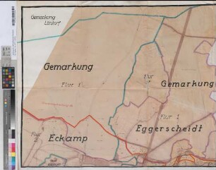 [Gemarkung Eggerscheidt. Flur 1 Eckamp Flur 1 und 2]. 3. - Zur Grenzbeschreibung 1 b tlw. Gehört zum Eingemeindungsantrag der Stadt Ratingen vom 17.9.1925 bzw. 30.7.1929.-Die Übereinstimmungen mit der Katasterkarte werden bescheinigt. Ratingen 30. Januar 1930. Preuß. Katasteramt