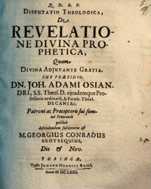 Disputatio Theologica, De Revelatione Divina Prophetica