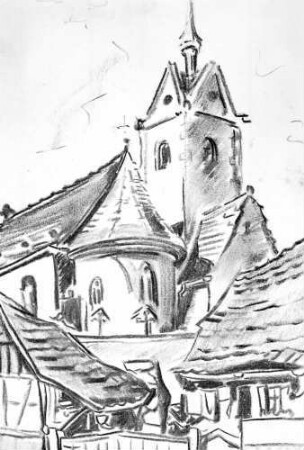 Freiburg: Rudolf Catosie, Kirche in Burkheim, Zeichnung