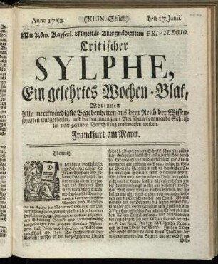 (XLIX. Stück.) den 17. Junii. Anno 1752.