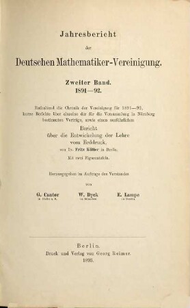 Jahresbericht der Deutschen Mathematiker-Vereinigung. 2. 1891/92. - 1893
