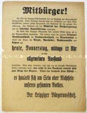 Aufruf des Leipziger Bürgerausschusses zum Protest gegen den von Leipziger Arbeitern ausgerufenen Generalstreik