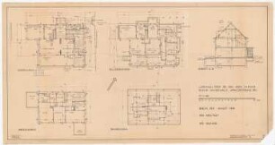 Haus Jansen, Berlin-Grunewald: Grundrisse EG, OG, KG, DG, Querschnitt 1:100