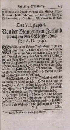 Das VII. Capitel. Von der Maurerey in Irrland bis auf den Groß-Meister Kingston A.D. 1730.